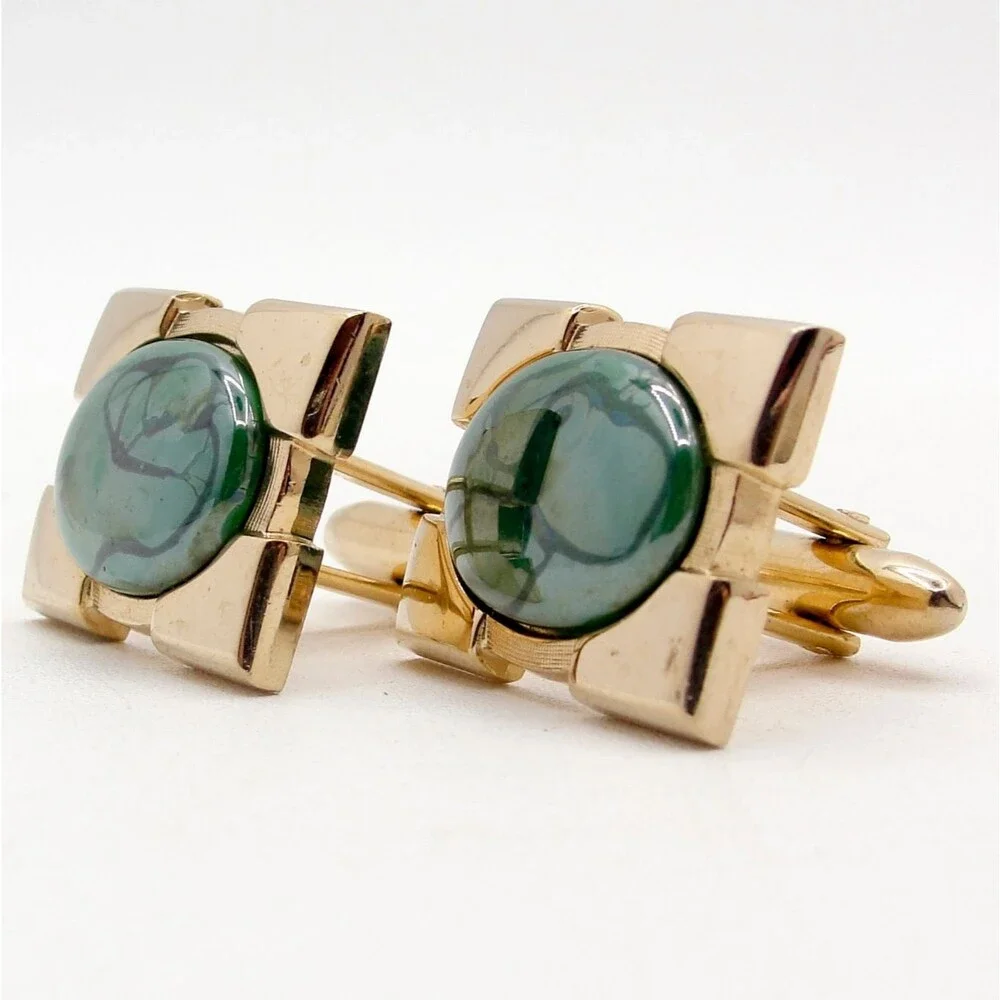 Vintage Hickok Cufflinks Gold Tone Green Slag Marbled Cabochon MCM Groom Formal